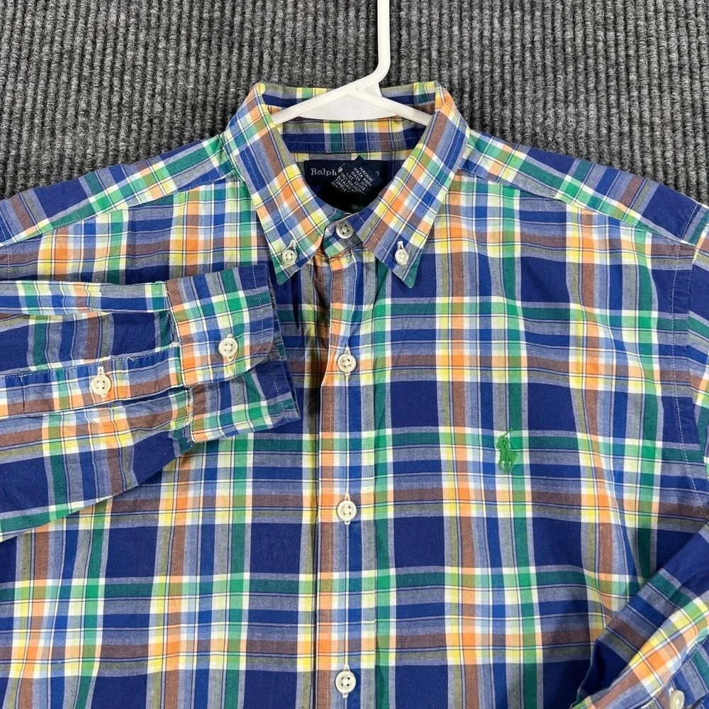 Ralph Lauren Shirt Youth Boys Large Blue Green Plaid Long Sleeve Button Down